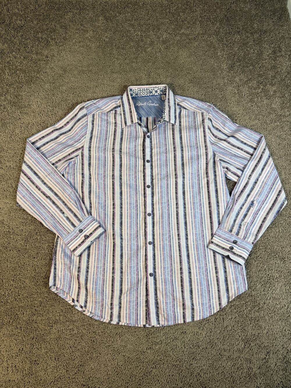Robert Graham Shirt Mens XL Blue Long Sleeve Button Up Striped Embroidered
